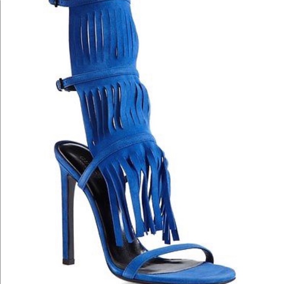 Gucci Shoes - Blue Suede Gucci “Becky” Fringe Heels Sz 40